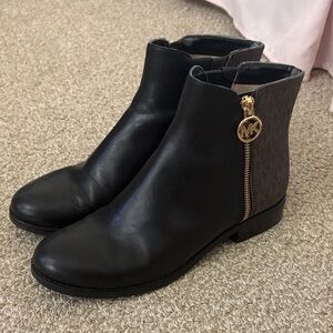 Michael Kors Black Leather & Brown Logo Ankle Booties with Gold MK Zipper